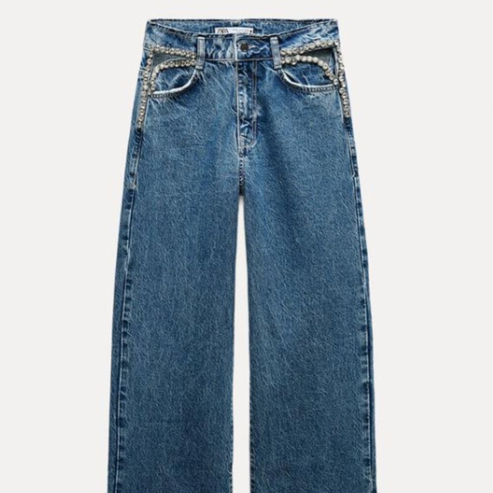 Zara Mid Waist Bejeweled Cut Straight Leg Jeans